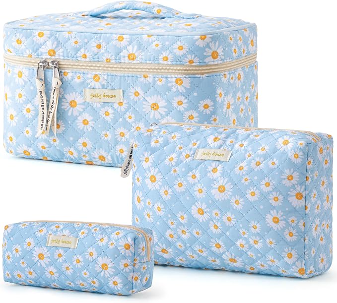 HBselect Quilted Makeup Bag, 3Pcs Cotton Large Travel Makeup Bags Organizer | Cute Floral Make up Bag Cosmetic Bag Toiletry Bag for Women Girls, Makeup Pouch for Skincare, Brushes & Travel Essentials