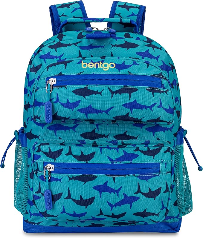 Bentgo Kids Backpack - Lightweight 14” Backpack in Fun Prints for School, Travel, & Daycare, Ideal for Ages 4+, Roomy Interior, Durable & Water-Resistant Fabric, & Loop for Lunch Bag (Shark)