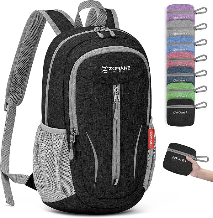ZOMAKE Lightweight Packable Backpack, 10L Small Foldable Daypack for Hiking | Water Resistant Collapsible Backpacks for Women Men, Everyday Carry, Multi Compartment Storage, Adjustable Strap(Black A3)