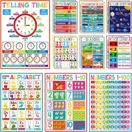FaCraft 16 Educational Posters for Classroom - Kindergarten Preschool Elementary Classroom Must Haves - Laminated Learning Posters for Toddlers 1-3,Class Supplies Wall Decor, Voice Level Chart, ABC