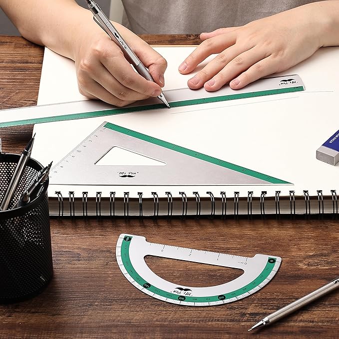 Mr. Pen- Metal Geometry Kit, 4 Pack, 45° & 30°/60° Set Squares, 6" Protractor & 12" Ruler, Durable Metal Drafting Tools for Technical Drawing, Math, Engineering & Architecture