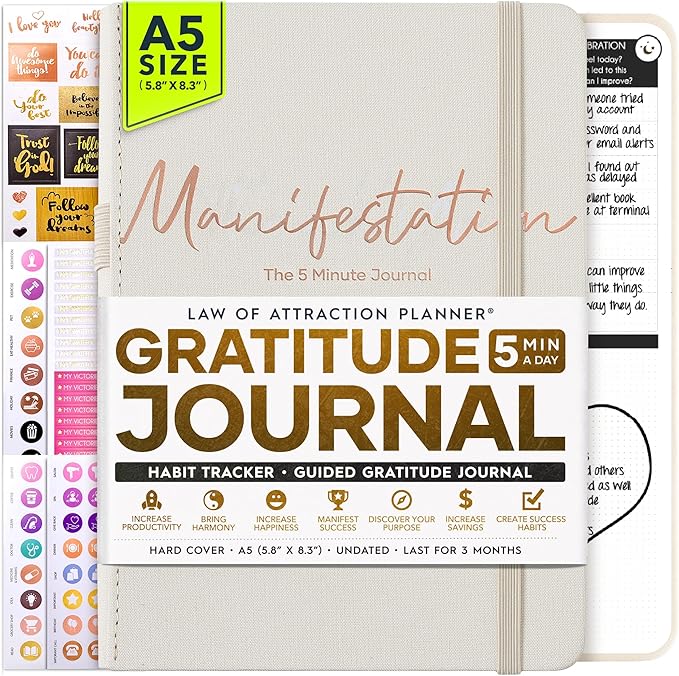 Gratitude Journal for Women and Men — 5 Minute Self Care Journal | Mindfulness, Manifestation, Affirmation | 3 Month Productivity Planner | Undated Daily Planner, Vision Board + Stickers