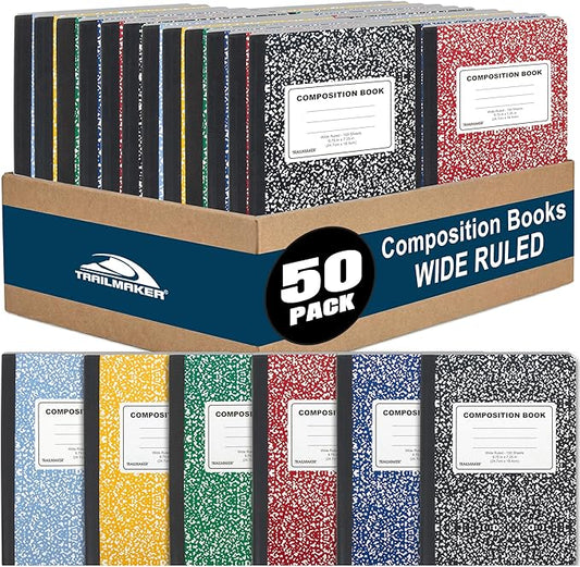 Trail maker Bulk Composition Notebooks Colored (50 Pack), Wide Ruled Marble Cover, 200 Pages (100 Sheets), 9.75 x 7.5, Bulk School Supplies for Classroom, Office & School Donations