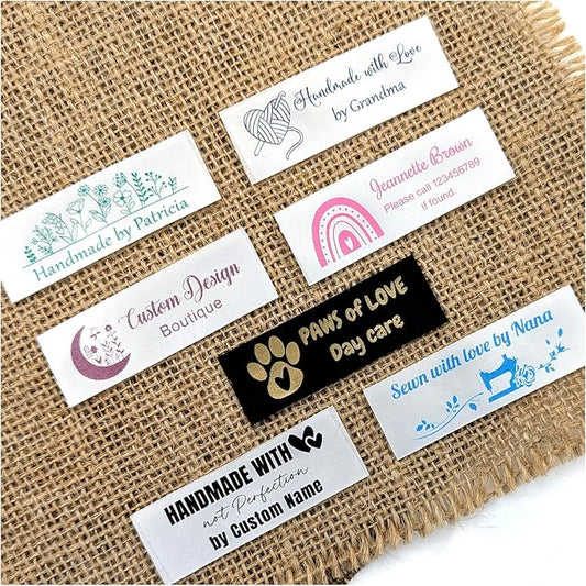 30-500 Custom Iron on or Sew on Labels, Personalized Sewing Labels, Fabric Tags for Handmade, Knitting, Quilting and Sewing Crafts, Name Tags for Clothes