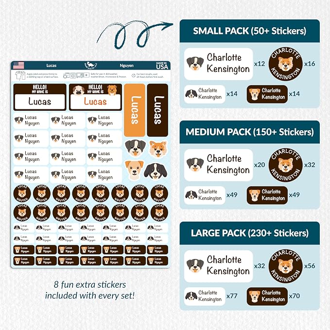 Personalized Waterproof Name Labels for Kids | Optional Packs 50, 150, 230 Labels | Custom Name Stickers for Kids' Clothing Tag, Water Bottle, Lunch Box, Customize Kid Name Label for Daycare Dogs