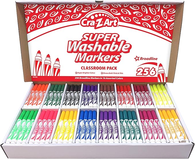 Cra-Z-Art Washable Broadline Markers Bulk Class Pack 256ct 16 Assorted Colors, Back To School Supply List Essential, Bulk Pack for School Supply Rooms and In Class For Teachers