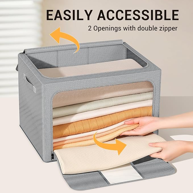 Clothes Storage Bins with Metal Frame, Foldable Clothes Organizers Storage Containers for Clothes, Sheets, Blankets, Pillows and Towels （66L, 3 Pack, Deep Grey
