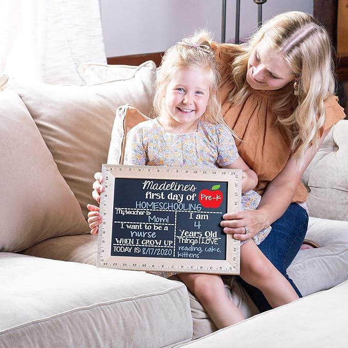 Bloom Owl First Day of School Chalkboard Sign - 11.5"x15" Reusable Back to School Photo Prop with Wooden Ruler Frame for Preschool, Kindergarten, and Beyond