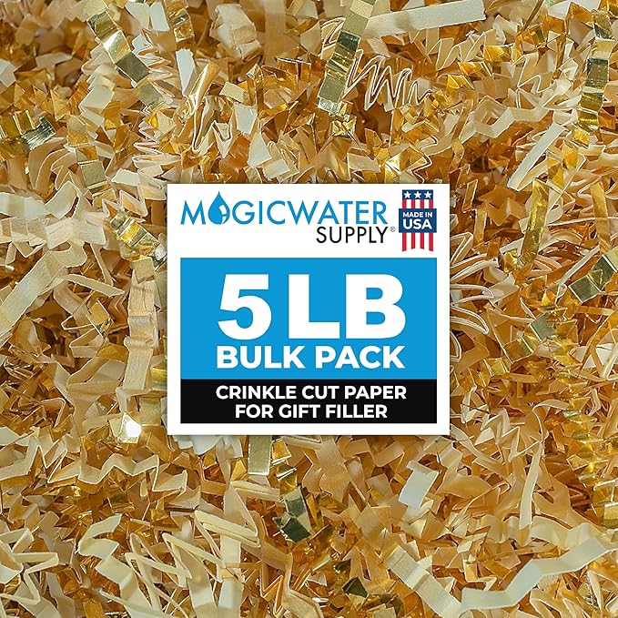 MagicWater Crinkle Cut Paper for Gift Baskets - 5LB - Vanilla & Gold - Perfect for Shredded Paper Filler, Basket Filler, Gift Boxes, Bridesmaid Gifts, Christmas Stuffers & More Occasions