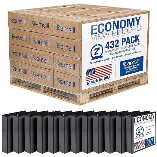 Samsill Economy 2 Inch 3 Ring Binder Bulk Pallet, Round Ring Binder, Customizable Clear View Cover, Black, Pallet of 432 Binders in 36 Cartons