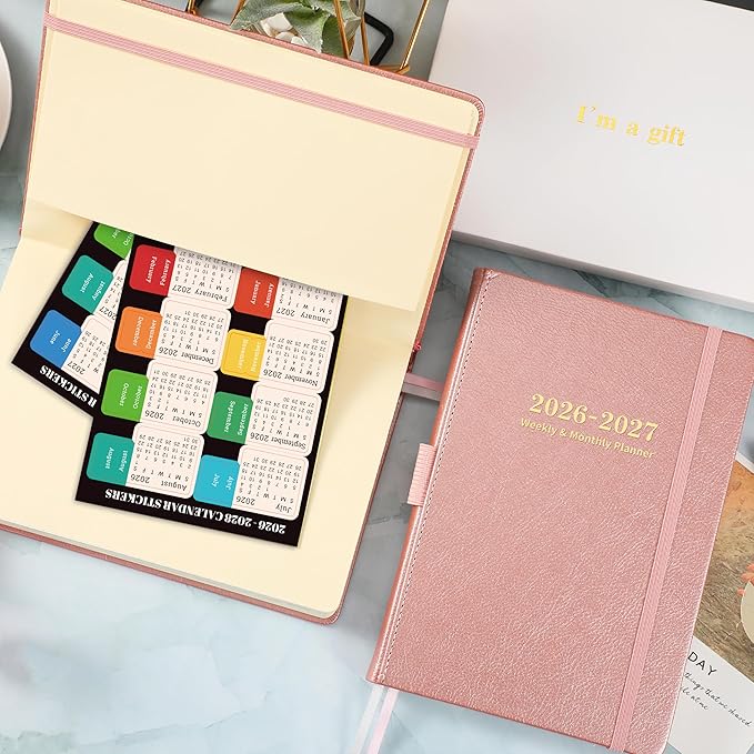 Planner 2026-2027 - Weekly and Monthly Planner with Stickers, 5.7" X 8.2", July 2026 - June 2027, 2026-2027 Calendar Planner, Pen Holder, Inner Pocket, 44 Notes Pages - Rose Gold