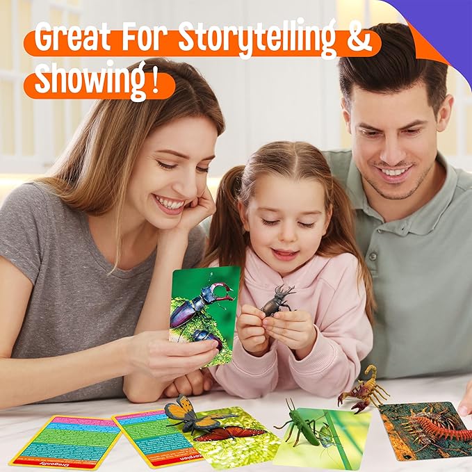 12 PCS Plastic Insect Figurines with 12 Introduction Flashcards, Small Creature Learning Recognition Cards Realistic Bug Models Educational Learning Toy Set for Kids, Classroom