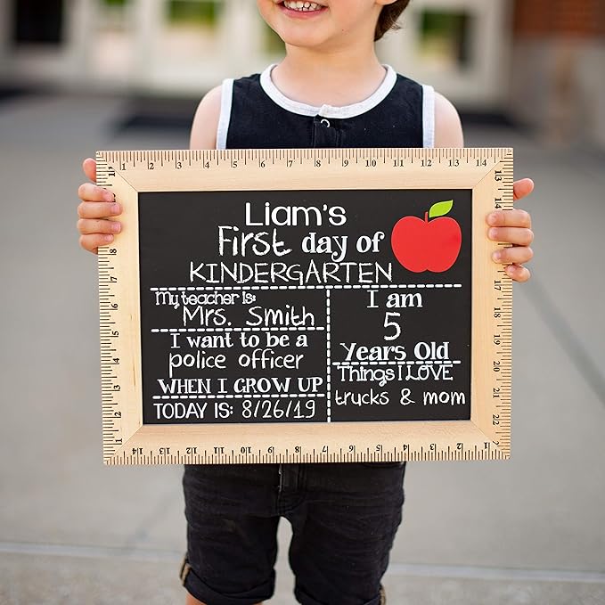 Bloom Owl First Day of School Chalkboard Sign - 11.5"x15" Reusable Back to School Photo Prop with Wooden Ruler Frame for Preschool, Kindergarten, and Beyond