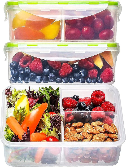 Bento Box for Kids & Adults Reusable Lunch Containers, 3 Pack, Clear, 39 oz | 3 Compartment Food Storage Meal Prep Containers with Lids, Divided Snack Box, Dishwasher Freezer Microwave Safe, Leakproof
