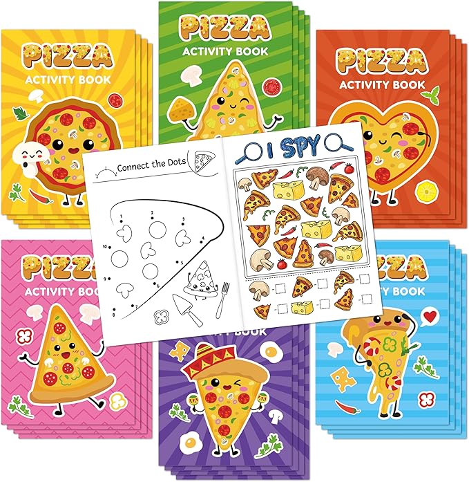 JAPBOR Pizza Activity Coloring Books - 24PCS Mini Pizzas Themed Color Activities Book Bulk for Party Favor, Delicious Food Small DIY Colour Pages for Birthday Gifts Class Drawing Painting Games