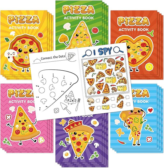 JAPBOR Pizza Activity Coloring Books - 24PCS Mini Pizzas Themed Color Activities Book Bulk for Party Favor, Delicious Food Small DIY Colour Pages for Birthday Gifts Class Drawing Painting Games