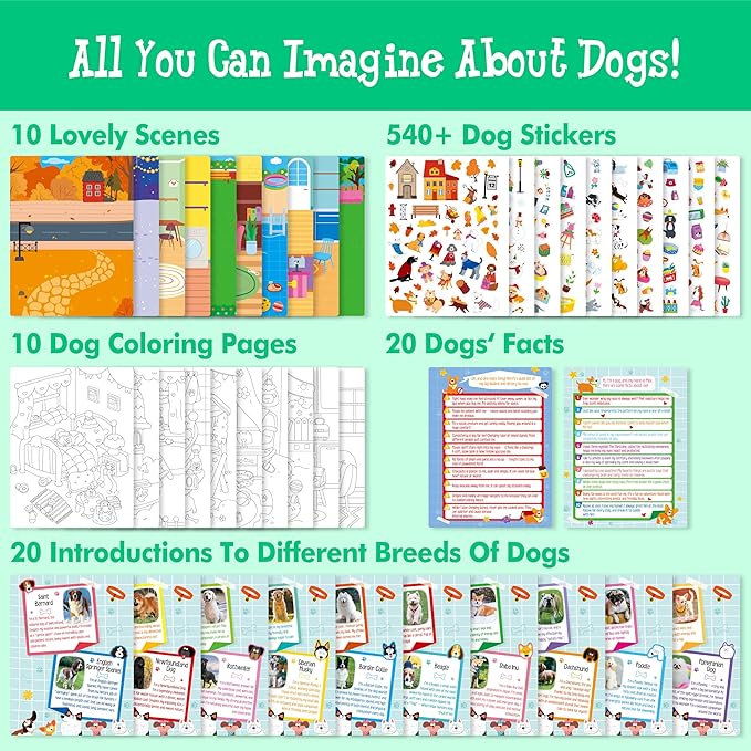 Dog Sticker Activity Book, 547 Reusable Stickers, 10 Dry-Erase Scenes & 10 Coloring Pages, Dog-Themed Activity Book, Edudogional Hands-on Travel Game - Great for Kids, Adults, Boys & Girls