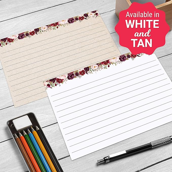 321Done Jumbo Floral Index Cards - Made in USA - Large Size 5x7 (Set of 50), Red Roses Rustic Kraft Tan College-Ruled Lined Notecards Double-Sided, Thick Heavy Duty Cardstock, Simple Note Cards, XL