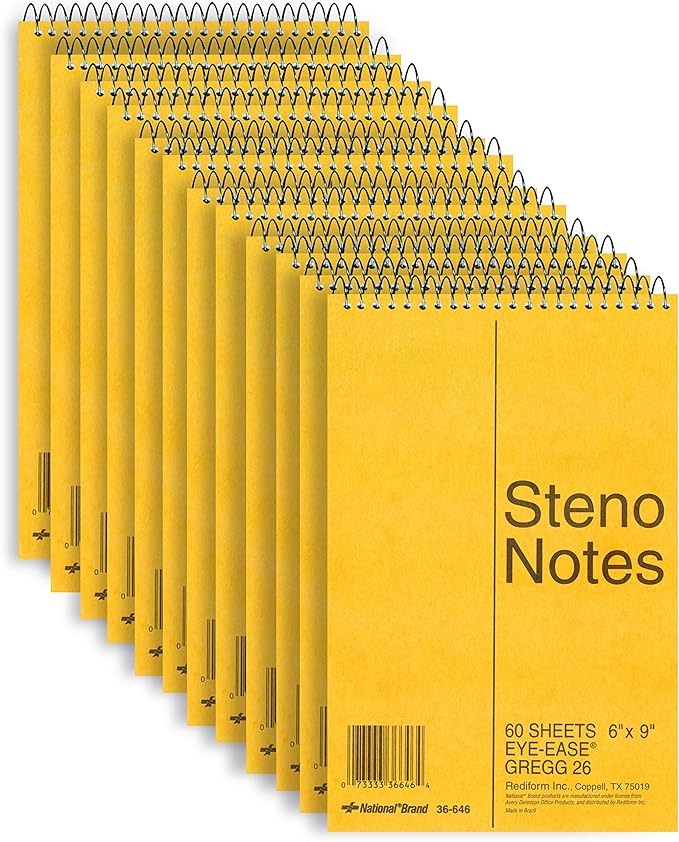 National Brand Brown Board Cover Steno Notebook, Green Paper, 6"x9", 12 Notebooks with 60 Sheets each (36646)