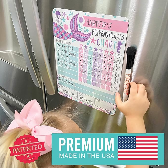 Hadley Designs Magnetic Chore Chart for Kids – Reward Chart for Kids, Dry Erase Responsibility Board for Children at Home, Fridge Behavior Tracker for Daily & Weekly Tasks, Mermaid Toddler Chore Board