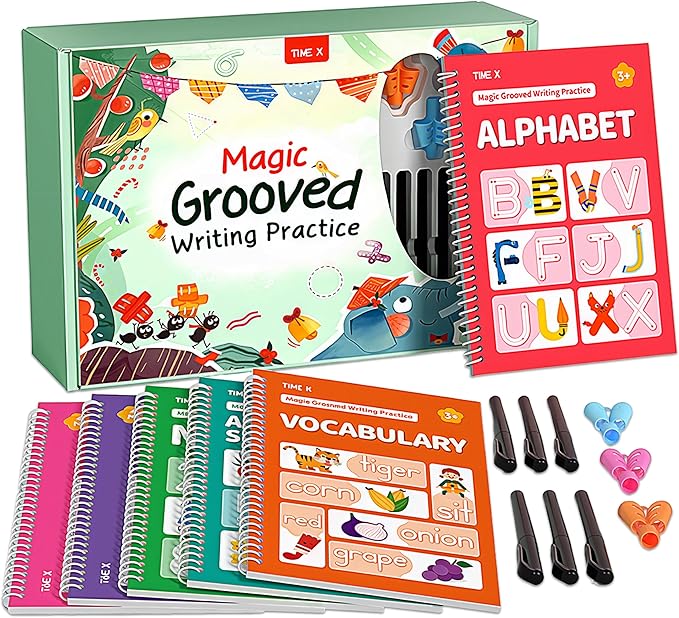 TIME X Magic Grooved Writing Practice Books, Reusable 3D Groove Handwriting Practice Workbooks for Kids Ages 3-8, Large Preschool Writing Books with Disappearing Ink for Kids 5-7 (Practice 6-Books)