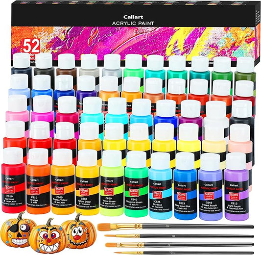 Caliart Acrylic Paint Set, 52 Colors Art Craft Paint Kits, Rich Pigments Non-toxic for Adults Artists Beginners, Canvas Ceramic Wood Rock Painting Supplies with 4 Brushes