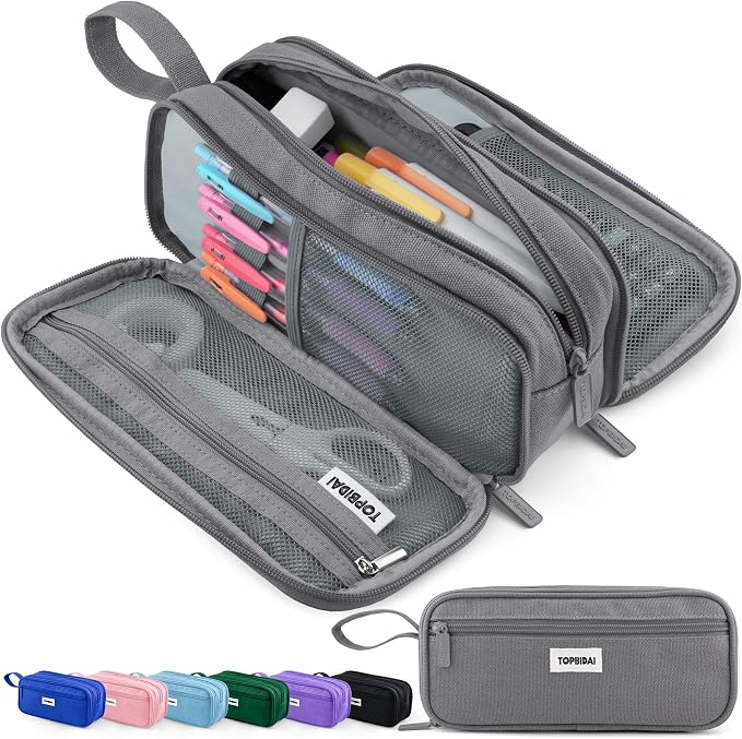 TOPBIDAI Large Pencil Case Pouch for Girls Boy Women Men Adults | Big Capacity Canvas Pencil Bag, Office School Supplies, Multi Compartment Zipper Stationery Pen Box(Stone Grey)