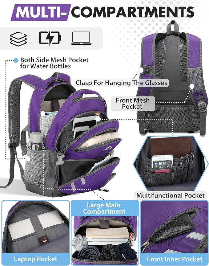 ProEtrade Backpack Bookbag for College Laptop Travel, Fit Laptop Up to 15.6 inch with USB Charging Port Multi Compartment Anti theft, Gift for Women Men (Purple)