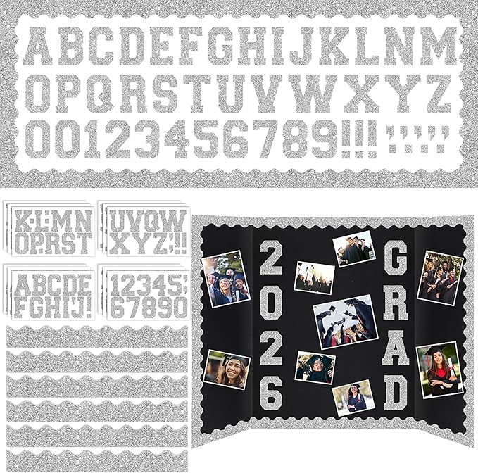 Silver 175 Pcs Graduation Photo Display Board Sticker Glitter Border Trim Alphabet Letter Number for 2026 Grad Party Trifold Poster Photo Display Event Displays Bulletin Board