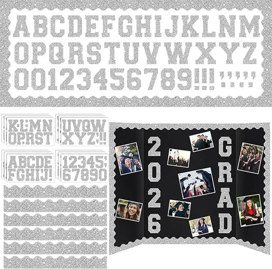 Silver 175 Pcs Graduation Photo Display Board Sticker Glitter Border Trim Alphabet Letter Number for 2026 Grad Party Trifold Poster Photo Display Event Displays Bulletin Board