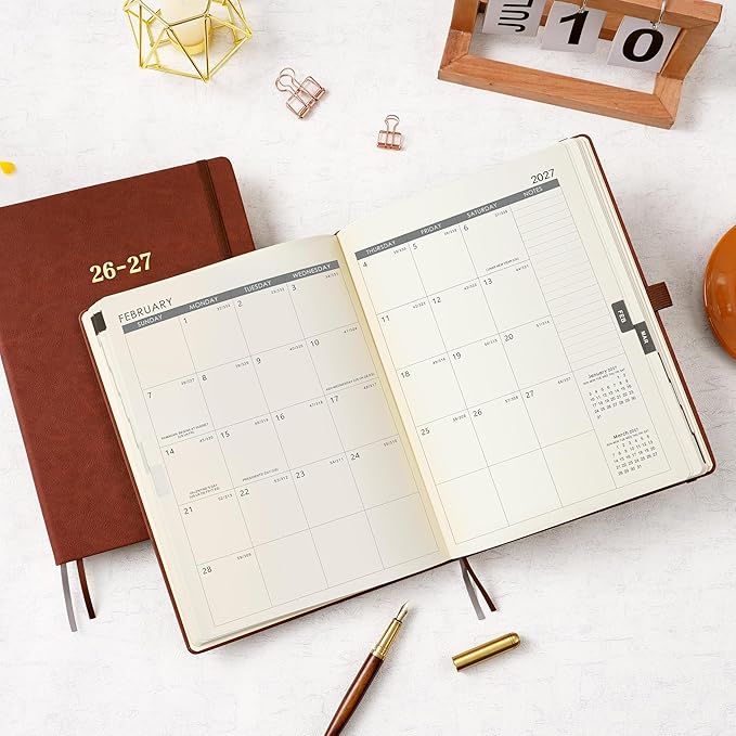 Vondafe 2026-2027 Planner - Weekly and Monthly Planner 2026-2027, Jul. 2026 - Jun. 2027, 9" x 11", 26-27 Calendar Planner with Inner Pocket + Elastic Closure + Pen Loop + Bookmarks, Leather Hardcover - Brown