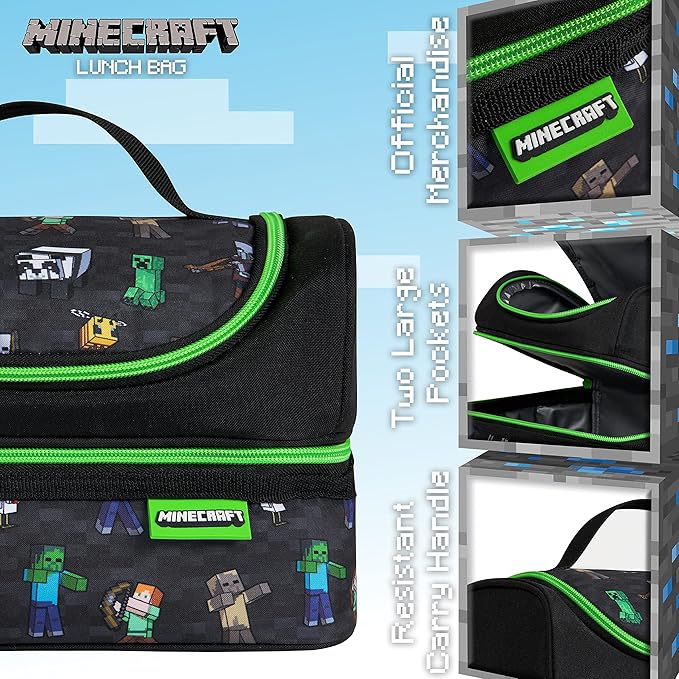 Minecraft Insulated Lunch Bag for Kids Creeper Lunchbox for Boys School Supplies Food Carrier Snacks Picnic Beach Days Travel Gamer Gifts for Kids (Black)