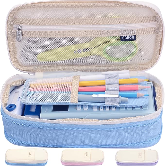 Large Capacity Canvas Pencil Case Organizer Holder Pouch Bag with Zipper Compartments, Pen Cases for Women Girls School Adults (Beige/Blue)