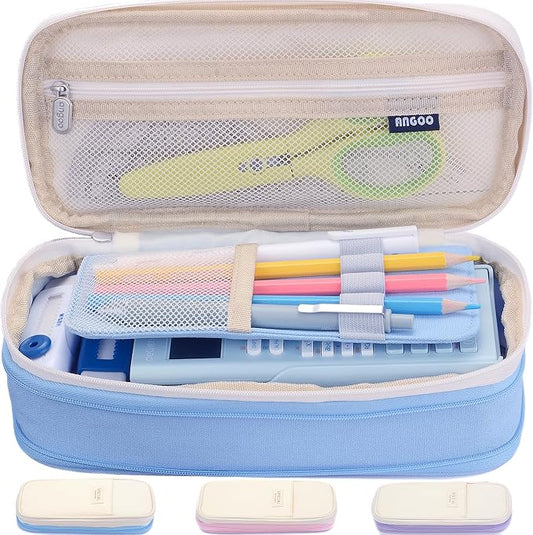 Large Capacity Canvas Pencil Case Organizer Holder Pouch Bag with Zipper Compartments, Pen Cases for Women Girls School Adults (Beige/Blue)