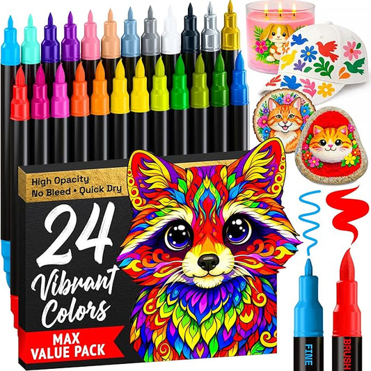 ARTISTRO 24 Acrylic Paint Markers - Paint Pens for Drawing, Brush + Fine Tips - For Fabric, Rock, Glass, Wood, DIY - Art & Craft Supplies for Adults, Teens, Kids - Teacher Appreciation Gift