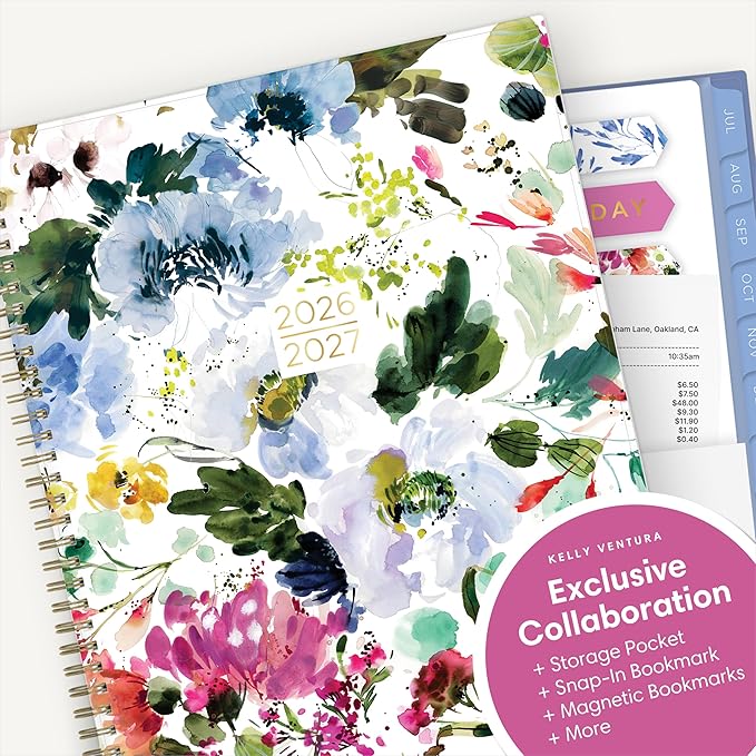 Blue Sky Kelly Ventura 2026-2027 Weekly and Monthly Academic Year Student Planning Calendar, July 2026 - June 2027, 8.5" x 11", Flexible Cover, Wirebound, Laminated Tabs, Storage Pocket, Magnetic & Snap In Book Marks, Includes Stickers, Blooming