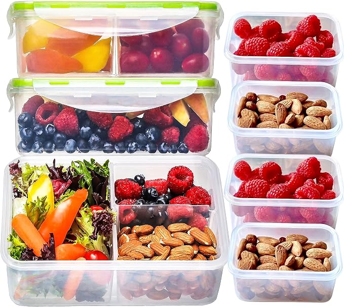 Bento Boxes for Kids and Adults, BPA-Free Lunch Containers, Clear, 7 Pack | Lunch Box Meal Prep Containers with Lids, Snack Boxes, Airtight Lid, Dishwasher Freezer Microwave Safe, 3×39oz, 2×17oz, 2×6oz