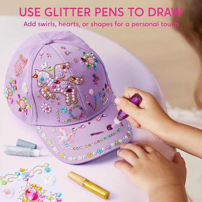 Klever Kits Gem Hat Kit for Girls, Decorate Your Own Baseball Cap with Gems Stickers, DIY Craft Kits for Kids Girls Toys Age 6-8