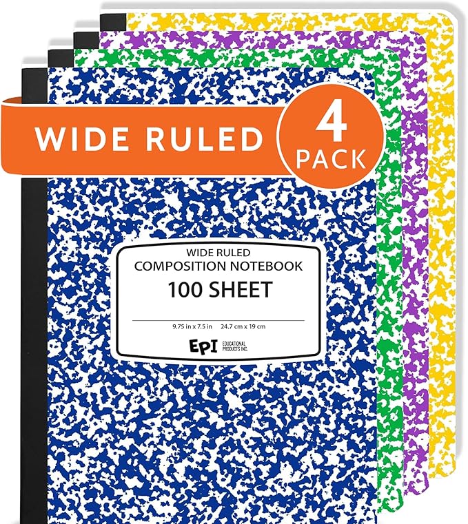 4 Pack - EPI Wide Ruled Marble Composition Notebook - Assorted Colors 200 Page Note Book - 9.75 x 7.5 Inch Hardcover Journal with Sewn Binding for Secure Pages - Classroom Back to School Supplies