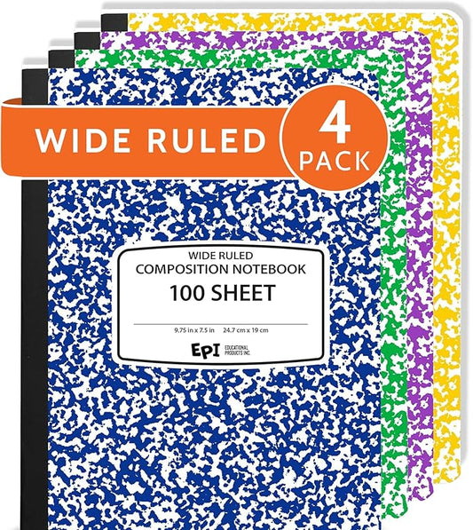 4 Pack - EPI Wide Ruled Marble Composition Notebook - Assorted Colors 200 Page Note Book - 9.75 x 7.5 Inch Hardcover Journal with Sewn Binding for Secure Pages - Classroom Back to School Supplies
