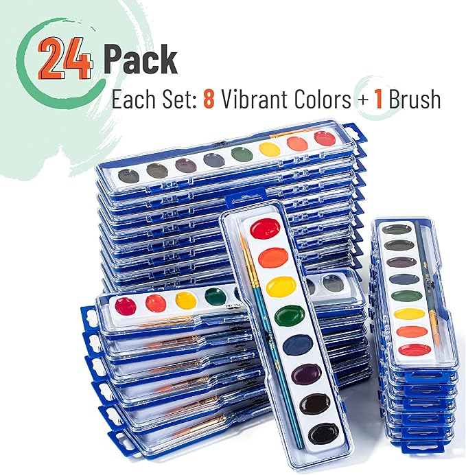 Mr. Pen- Washable Watercolors, 24 Pack, 8 Colors with Paint Brush, Bulk Watercolor Paint Set, Water Color Painting Kids, Watercolors for Kids and Adults