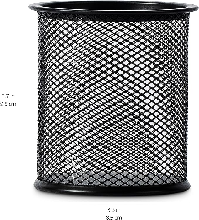 Amazon Basics Wire Mesh Pen Holder, Pencil Cup Desk Organizer for Stationery, Scissors, Office Caddy Storage, 3.7" x 3.3", Black