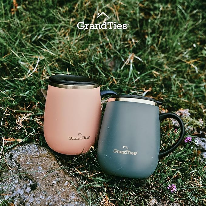 GRANDTIES Insulated Coffee Mug with Handle - Sliding Lid for Splash-Proof 16 oz Wine-Glass Shape Thermal Tumbler with Double Walled Vacuum Stainless Steel to Keeps Beverages Hot or Cold (Peach Crème)