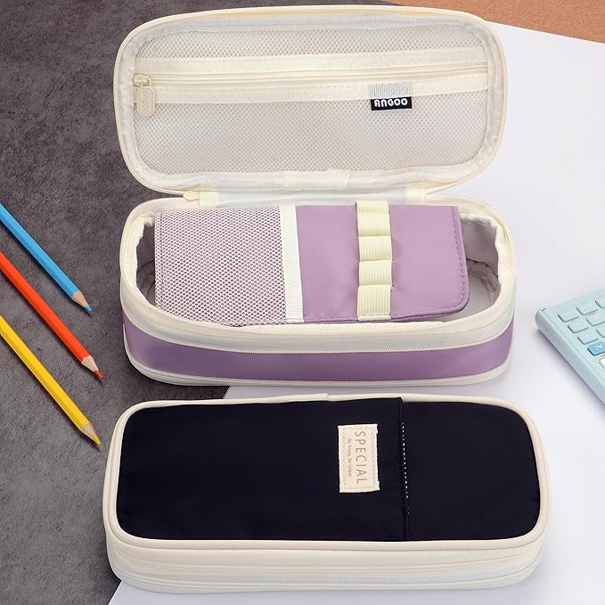 Large Capacity Canvas Pencil Case Organizer Holder Pouch Bag with Zipper Compartments, Pen Cases for Women Girls School Adults (Purple)
