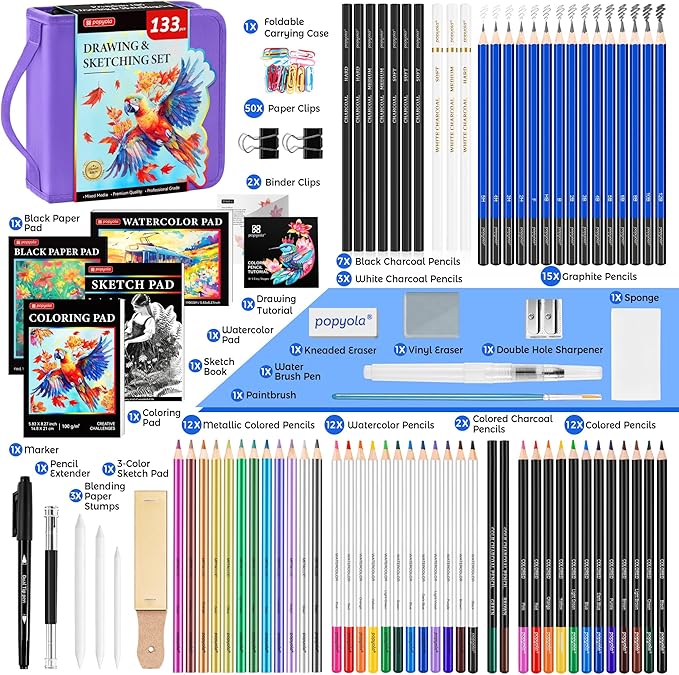 133 Pack Art Supplies Sketching Kit with Sketch Book, Coloring Book, Watercolor Pad, Black Paper Pad, Tutorial, Graphite Colored Charcoal Watercolor & Metallic Pencils for Artists Beginners Adults