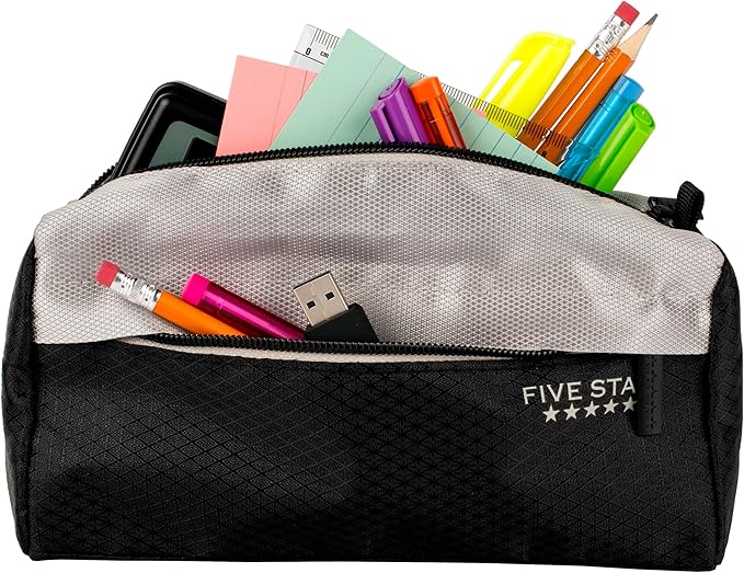 Five Star Pencil Pouch, Pen Case, 9-Pocket Zipper Pouch, Storage Organizer for School Supplies Earbuds Chargers Cables Makeup, Black/Grey (505600A-ECM)