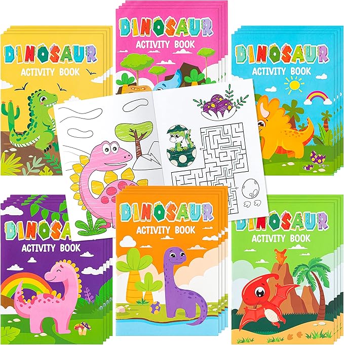 JAPBOR 24pcs Dinosaur Activity Coloring Books for Kids Party Favors, Mini Art Color Pages Drawing Booklet Supplies, Birthday Painting Games Theme Doodle Small Colouring Book Bulk Goodie Bag Filler
