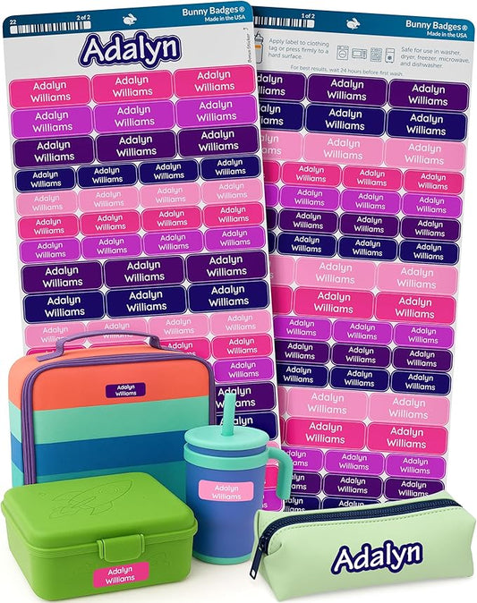 Bunny Badges Personalized Daycare Name Labels for Kids (120 Labels) Custom Label for Clothing Tag - Waterproof Name Stickers for Clothing Tags, Bottles, Backpacks and School Supplies (Berry)