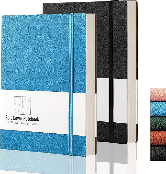 AHGXG Dotted Grid Journal 2 Pack - A5 Dot Grid Notebook Softcover, Medium 5.75'' × 8.38'', 320 Numbered Pages, 120gsm Thick Dotted Paper, Soft Leather Cover, Black Blue