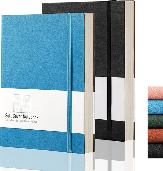 AHGXG Dotted Grid Journal 2 Pack - A5 Dot Grid Notebook Softcover, Medium 5.75'' × 8.38'', 320 Numbered Pages, 120gsm Thick Dotted Paper, Soft Leather Cover, Black Blue